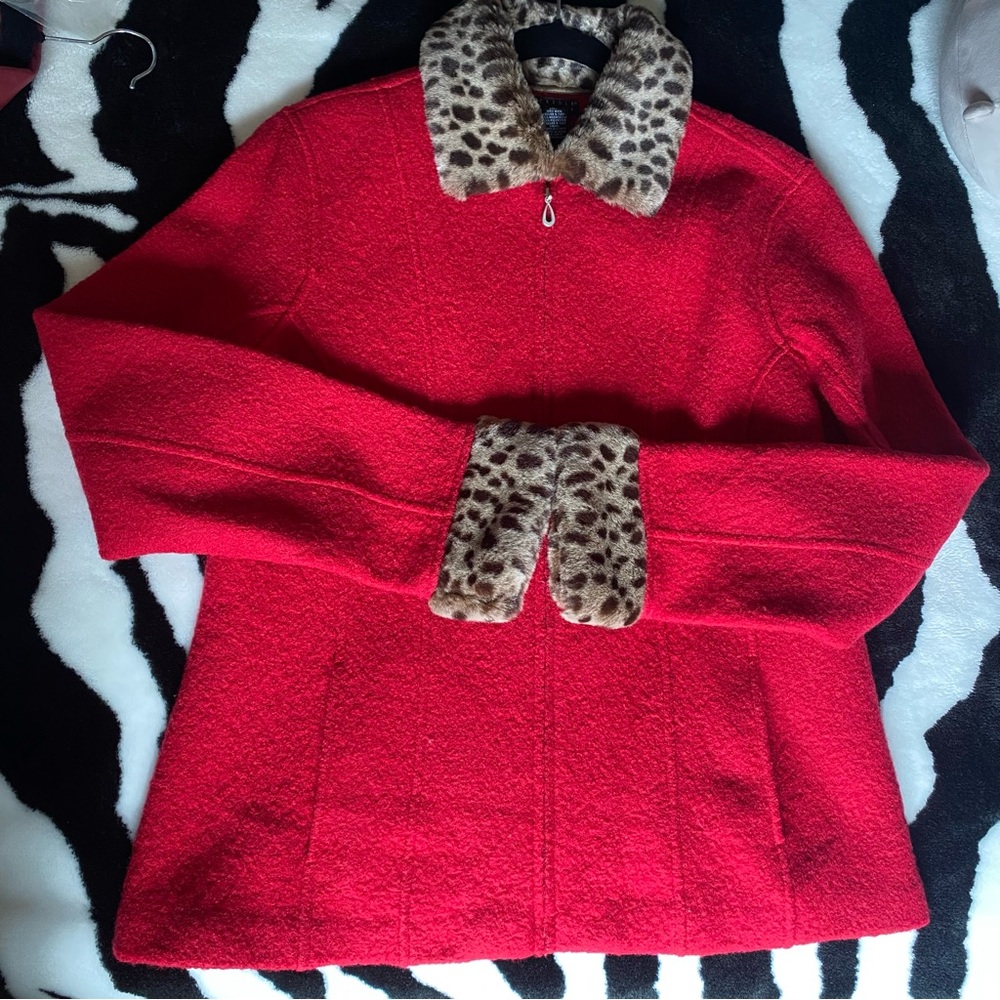 Carole Little 100% Wool Red Zip Jacket Animal Print Faux Fur Collar + Cuffs Sz L